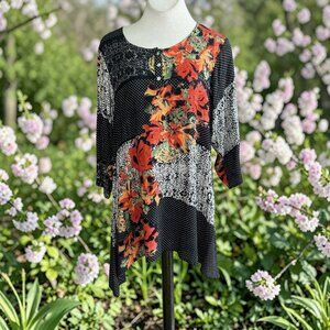 La Cera Black Patchwork Rose Floral Boho Tunic Top Size L